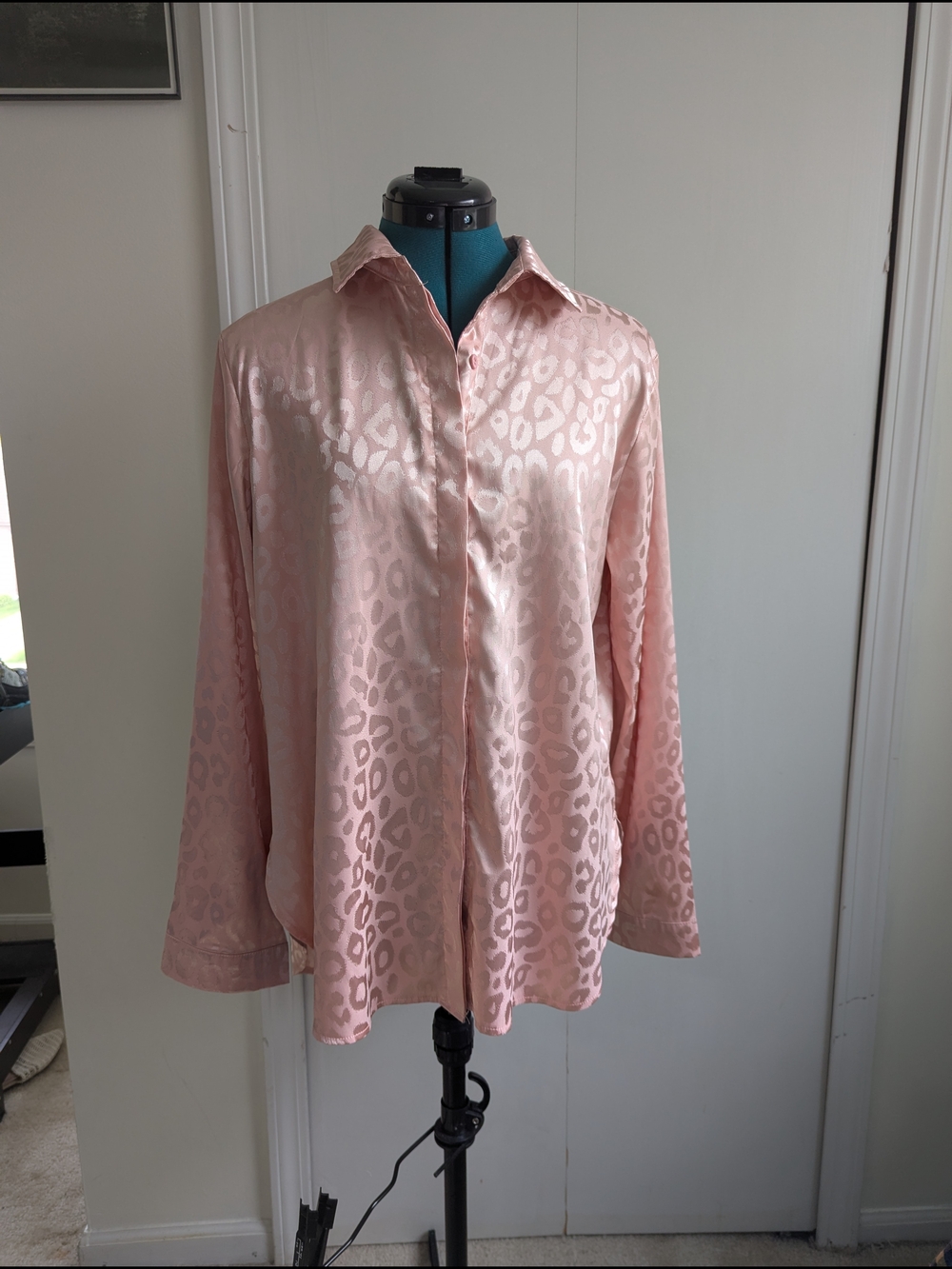 Satin Pink Leopard Button-Up Blouse